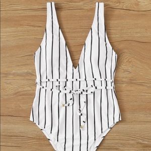 Striped tie waist one piece NWOT